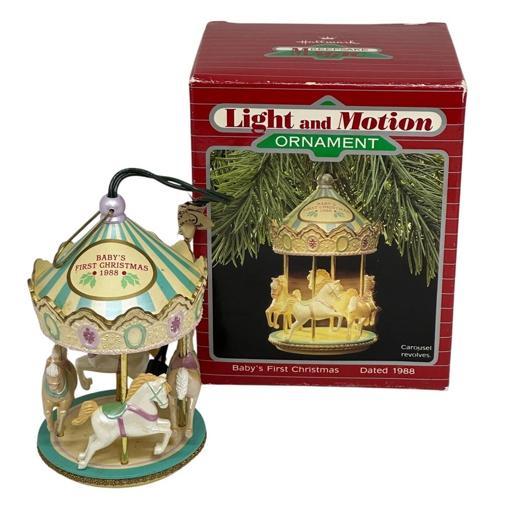 VTG Hallmark Baby's First Christmas 1988 Carousel Light Motion Ornament Gold